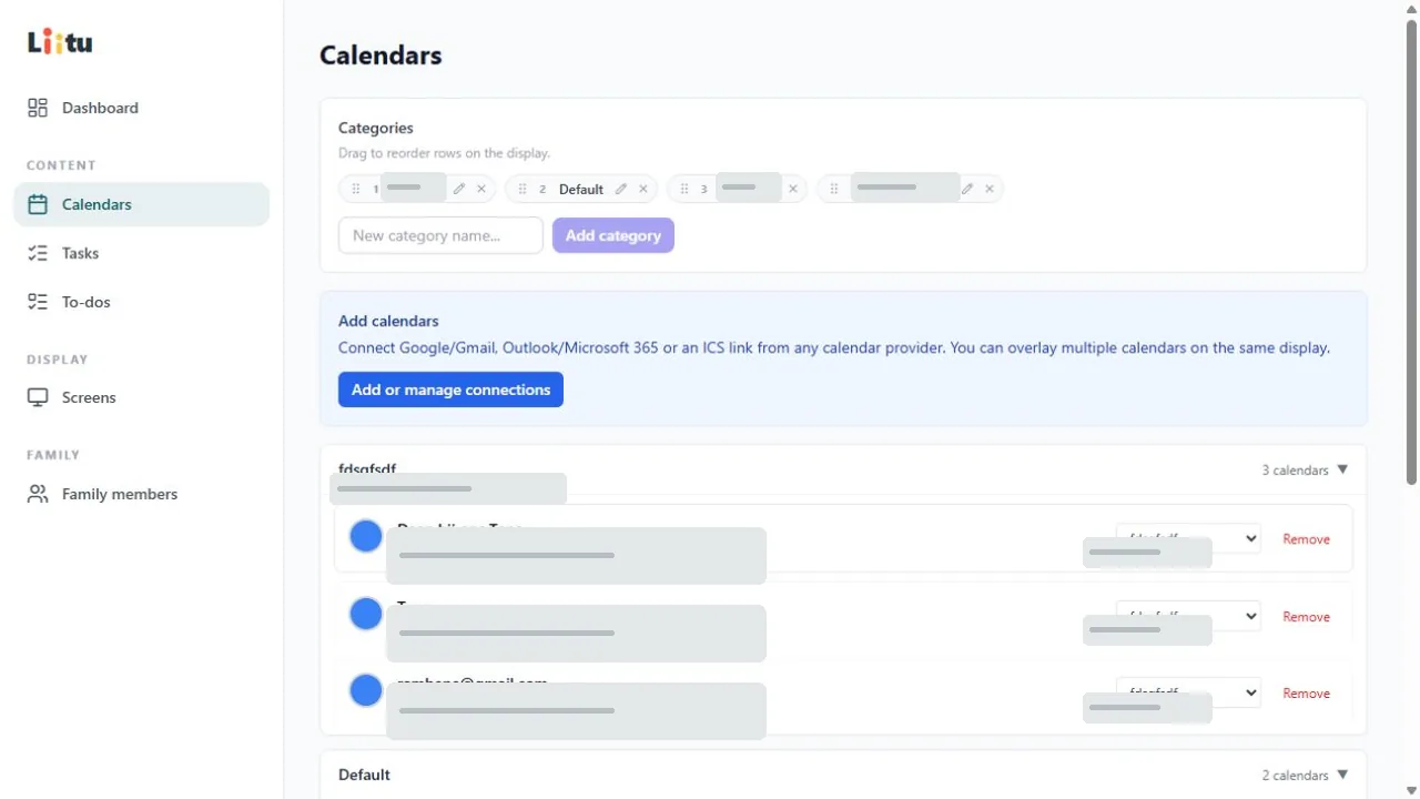 Liitu calendar and category management with calendar and account names redacted