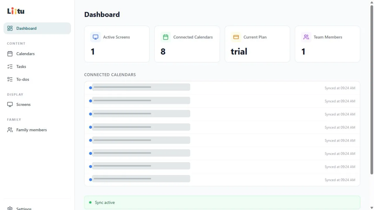 Liitu Dashboard showing screen status and redacted connected-calendar names
