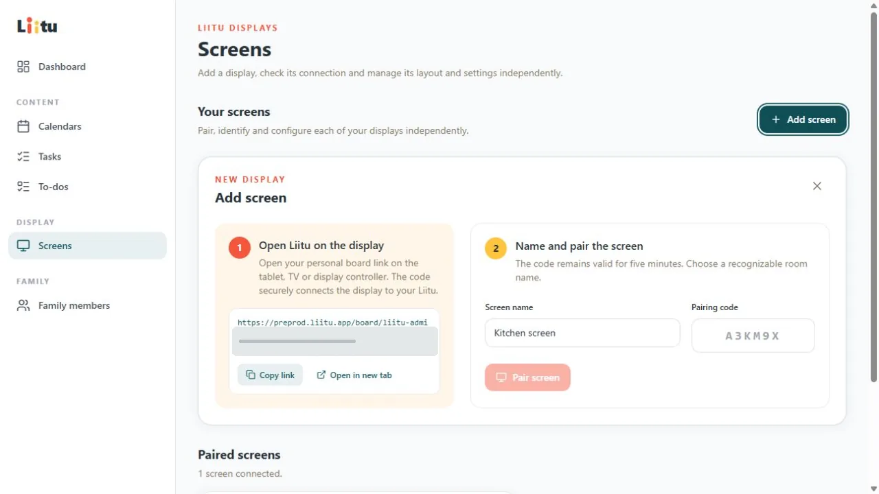 Liitu screen-pairing wizard with the personal board link redacted