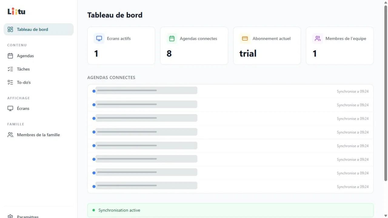 Tableau de bord Liitu avec l'état des écrans et les noms d'agendas masqués