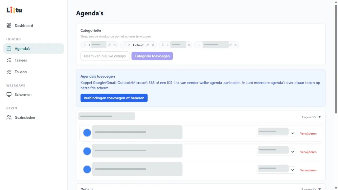 Beheerpagina voor Liitu-agenda's en categorieën met afgeschermde agenda- en accountnamen
