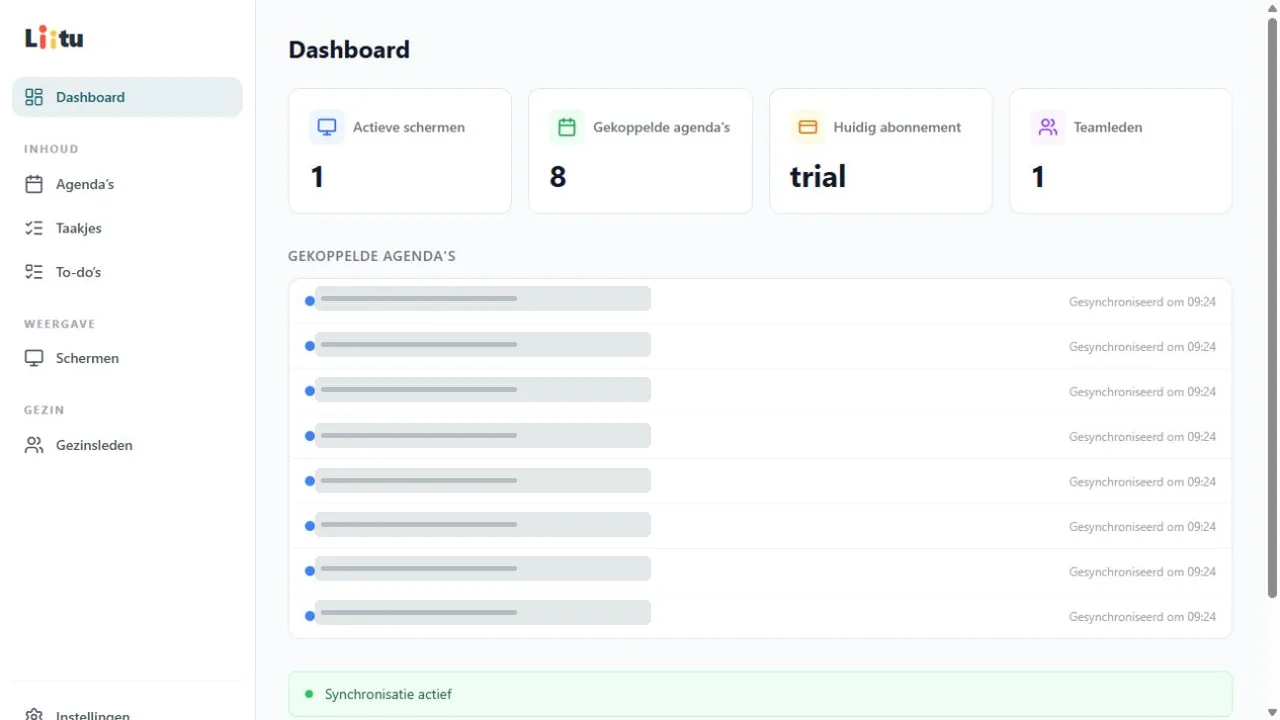 Liitu Dashboard met schermstatus en afgeschermde namen van gekoppelde agenda's